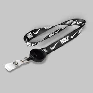 1" Black custom lanyard printed with company logo with Black Badge Reel attachment 1"