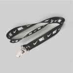 1" Black custom lanyard printed with company logo with Bulldog Clip attachment 1"