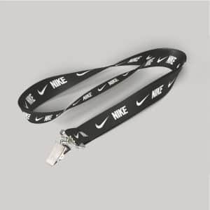 1" Black custom lanyard printed with company logo with Bulldog Clip attachment 1"