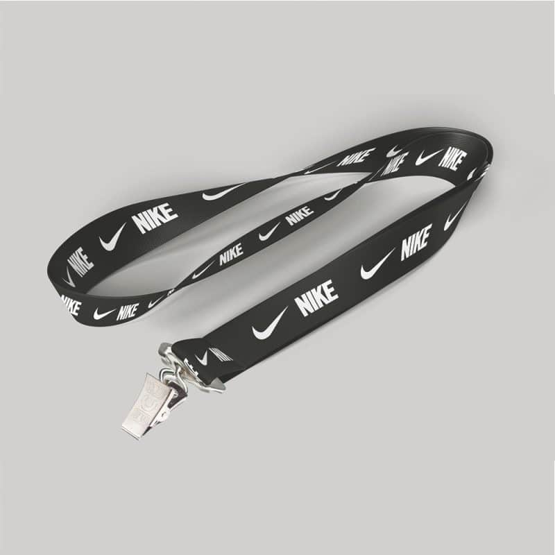1" Black custom lanyard printed with company logo with Bulldog Clip attachment 1"