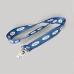 1" Blue custom lanyard printed with company logo with Bulldog Clip attachment 1"