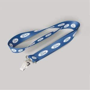 1" Blue custom lanyard printed with company logo with Bulldog Clip attachment 1"
