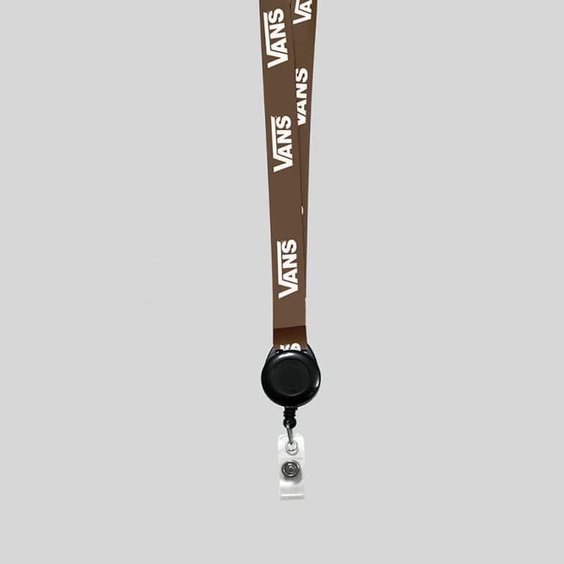 1" Brown custom lanyard printed with company logo with Black Badge Reel attachment 1" - 1