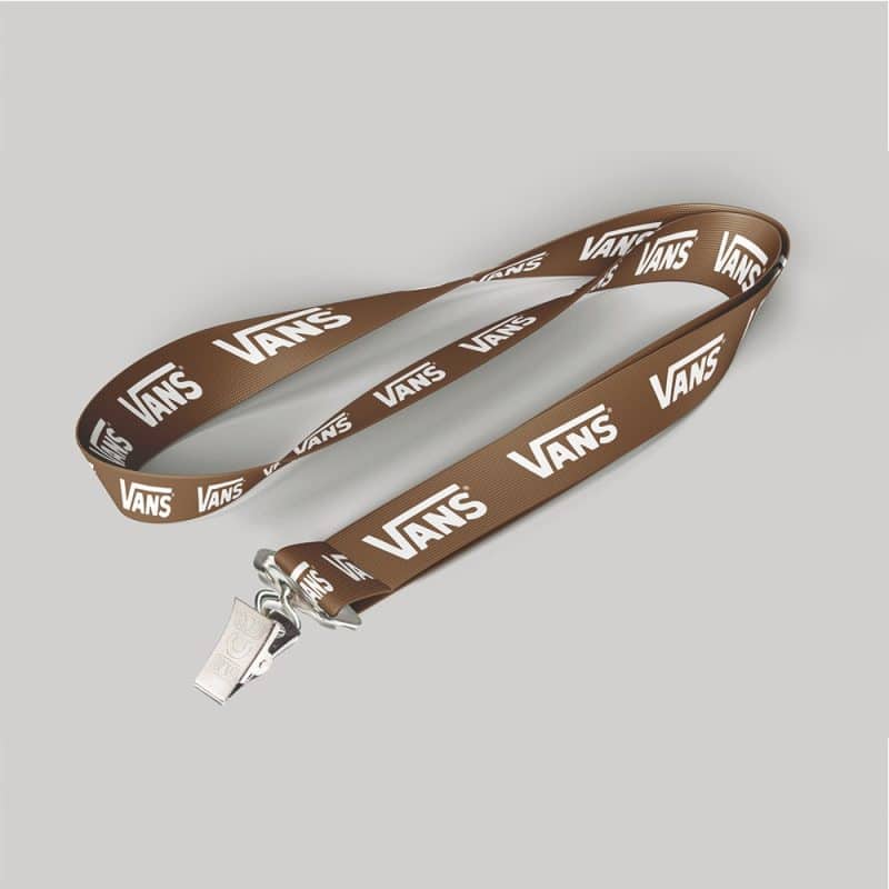 1" Brown custom lanyard printed with company logo with Bulldog Clip attachment 1"