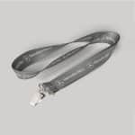 1" Charcoal custom lanyard printed with company logo with Bulldog Clip attachment 1"