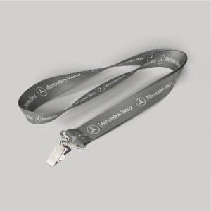 1" Charcoal custom lanyard printed with company logo with Bulldog Clip attachment 1"