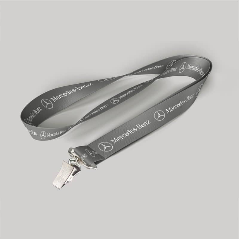 1" Charcoal custom lanyard printed with company logo with Bulldog Clip attachment 1"