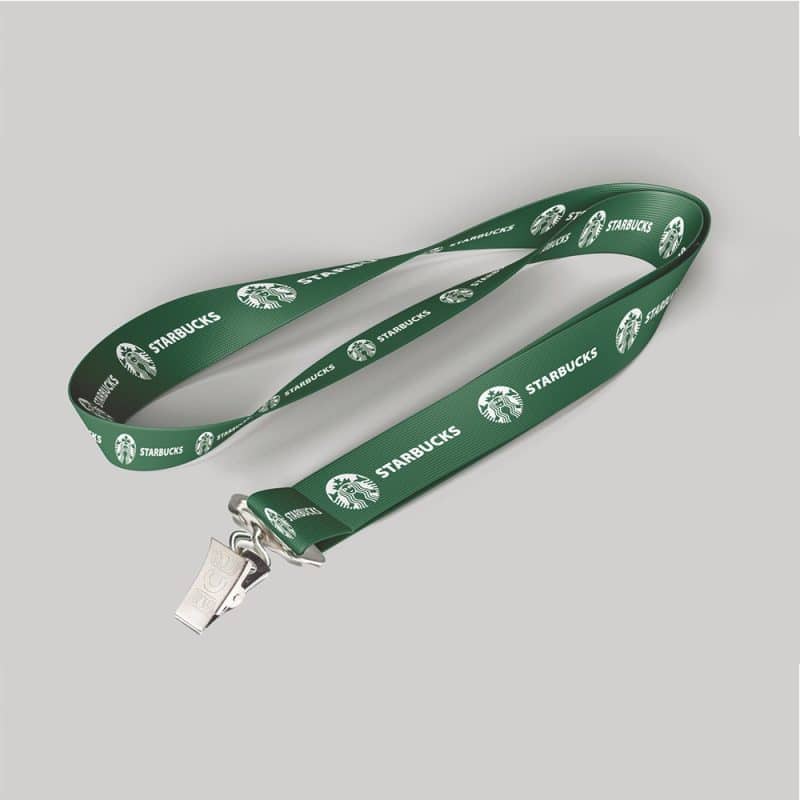 1" Dark Green custom lanyard printed with company logo with Bulldog Clip attachment 1"