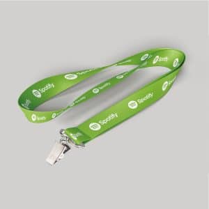 1" Forest Green custom lanyard printed with company logo with Bulldog Clip attachment 1"