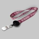 1" Fuchsia custom lanyard printed with company logo with Black Badge Reel attachment 1"