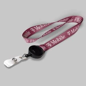 1" Fuchsia custom lanyard printed with company logo with Black Badge Reel attachment 1"