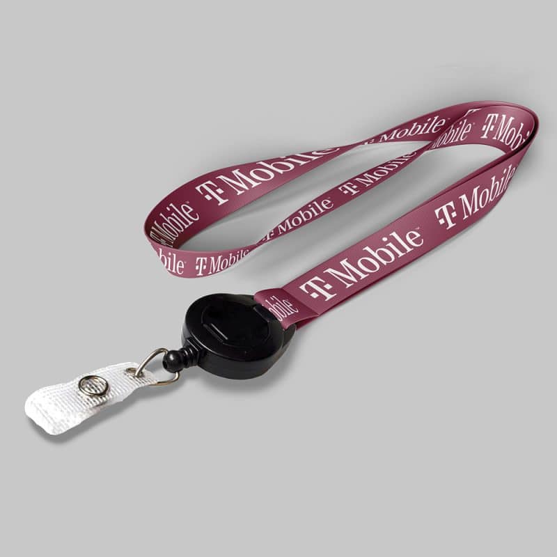 1" Fuchsia custom lanyard printed with company logo with Black Badge Reel attachment 1"