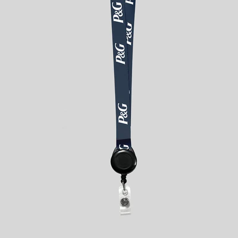 1" Navy Blue custom lanyard printed with company logo with Black Badge Reel attachment 1" - 1