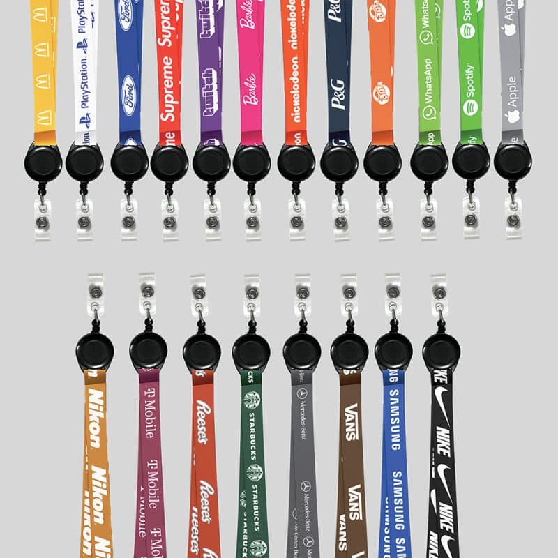 1" Orange custom lanyard printed with company logo with Black Badge Reel attachment 1" - 2