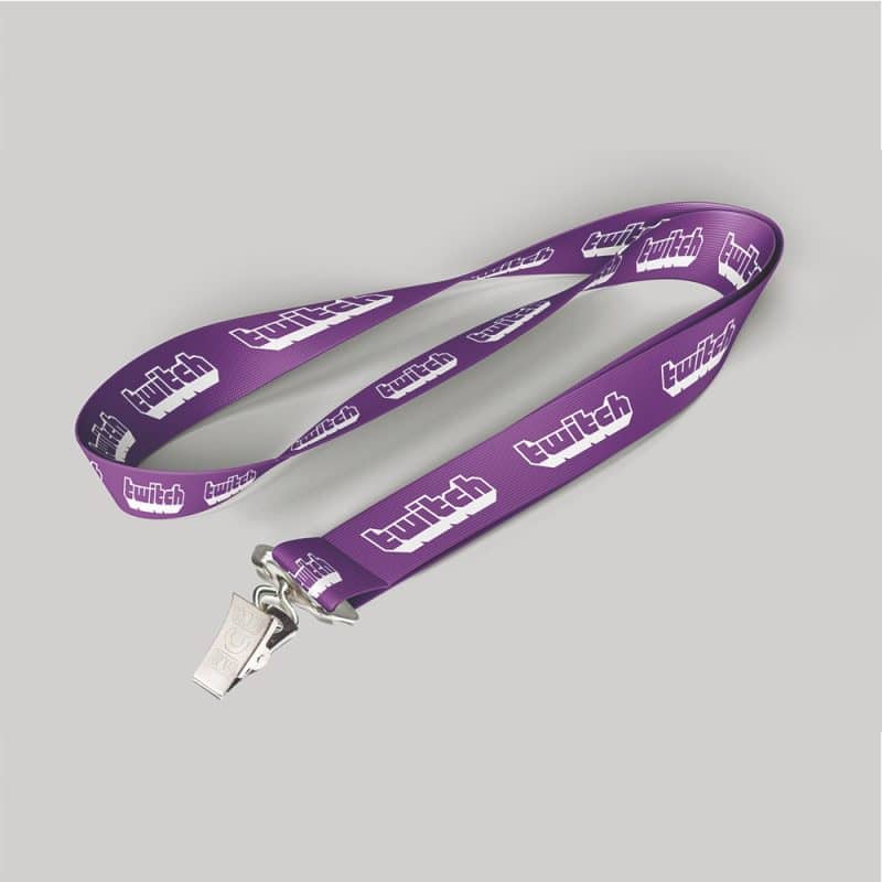 1" Purple custom lanyard printed with company logo with Bulldog Clip attachment 1"