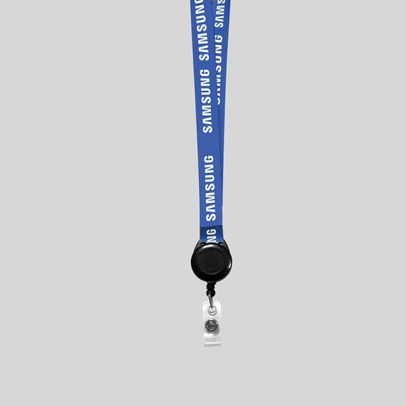 1" Royal Blue custom lanyard printed with company logo with Black Badge Reel attachment 1" - 1