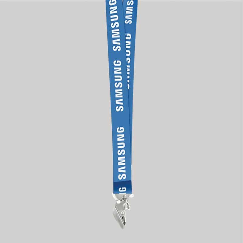 1" Royal Blue custom lanyard printed with company logo with Bulldog Clip attachment 1" - 1