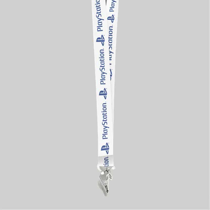 1" White custom lanyard printed with company logo with Bulldog Clip attachment 1" - 1