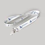 1" White custom lanyard printed with company logo with Bulldog Clip attachment 1"