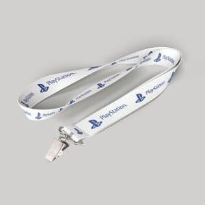 1" White custom lanyard printed with company logo with Bulldog Clip attachment 1"
