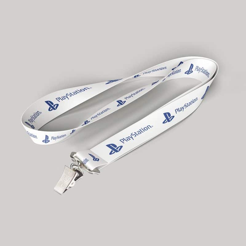 1" White custom lanyard printed with company logo with Bulldog Clip attachment 1"
