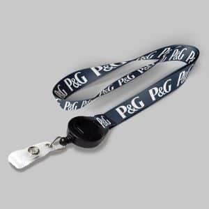 1/2" Navy blue custom lanyard printed with company logo with Black Badge Reel attachment 0.50"