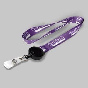 1/2" Purple custom lanyard printed with company logo with Black Badge Reel attachment 0.50"