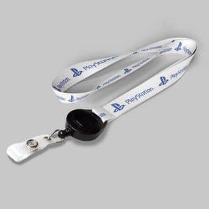 1/2" White custom lanyard printed with company logo with Black Badge Reel attachment 0.50"