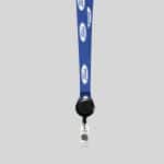 3/4" Blue custom lanyard printed with company logo with Black Badge Reel attachment 0.75" - 1