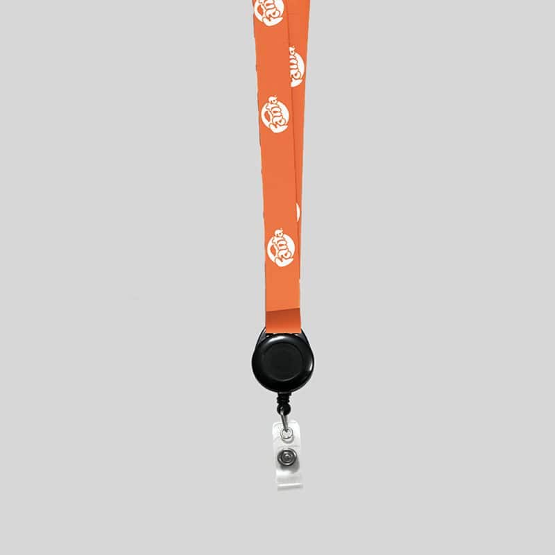 3/4" Light Orange custom lanyard printed with company logo with Black Badge Reel attachment 0.75" - 1