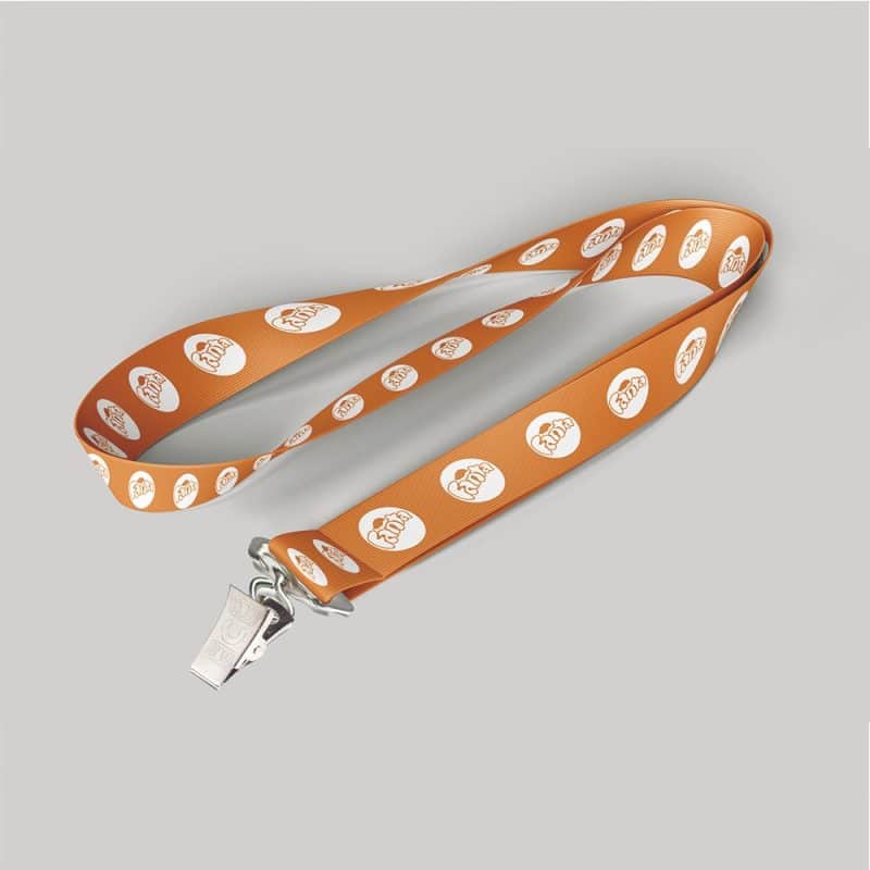 3/4" Light Orange custom lanyard printed with company logo with Bulldog Clip attachment 0.75"