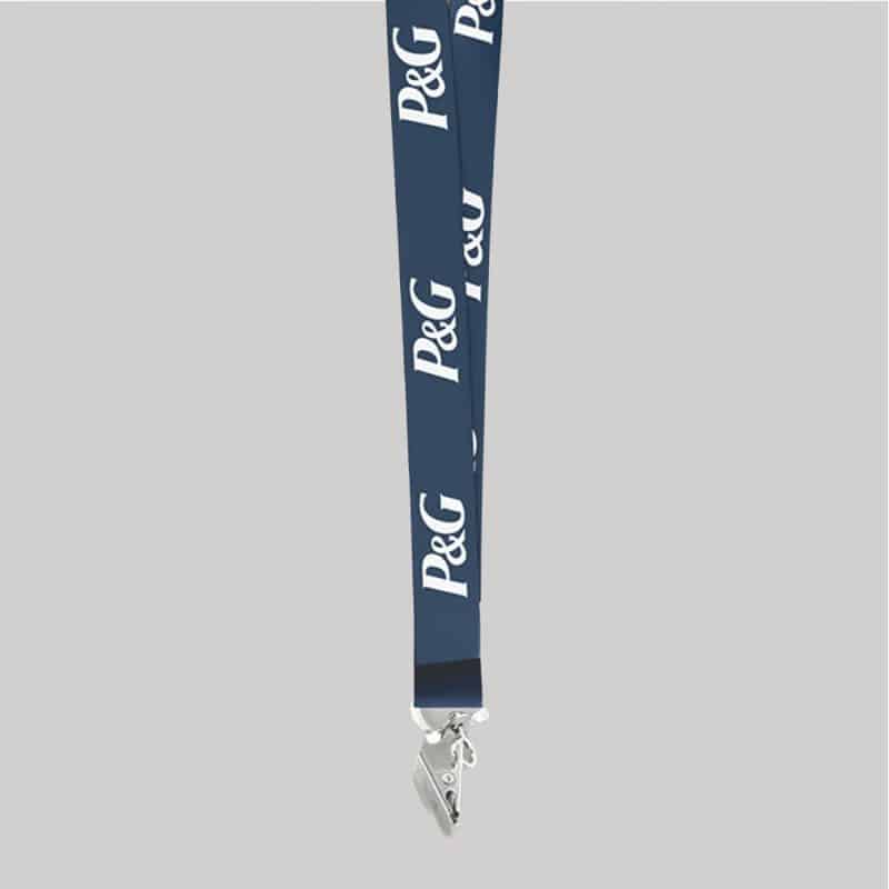 3/4" Navy Blue custom lanyard printed with company logo with bulldog clip attachment 0.75" - 1