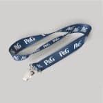 3/4" Navy Blue custom lanyard printed with company logo with bulldog clip attachment 0.75"