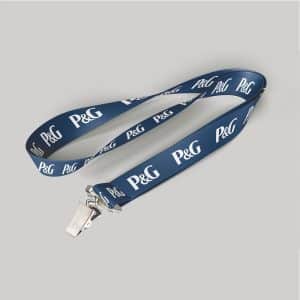 3/4" Navy Blue custom lanyard printed with company logo with bulldog clip attachment 0.75"