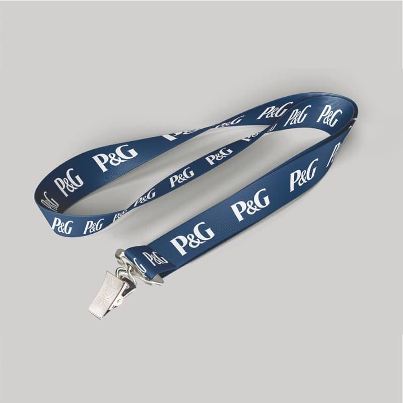 3/4" Navy Blue custom lanyard printed with company logo with bulldog clip attachment 0.75"