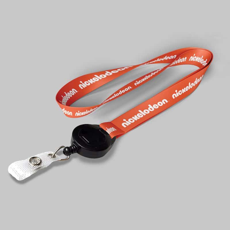 3/4" Orange custom lanyard printed with company logo with Black Badge Reel attachment 0.75"