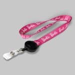 3/4" Pink custom lanyard printed with company logo with Black Badge Reel attachment 0.75"