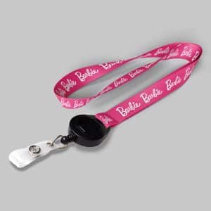 3/4" Pink custom lanyard printed with company logo with Black Badge Reel attachment 0.75"