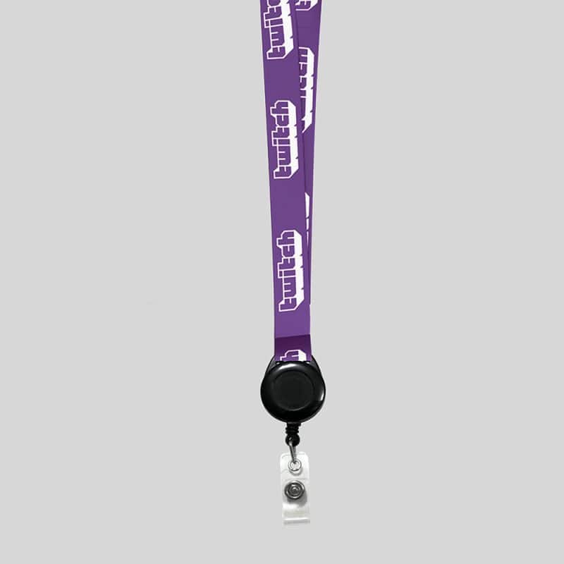 3/4" Purple custom lanyard printed with company logo with Black Badge Reel attachment 0.75" - 1