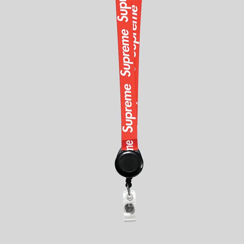 3/4" Red custom lanyard printed with company logo with Black Badge Reel attachment 0.75" - 1