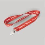3/4" Red custom lanyard printed with company logo with Bulldog Clip attachment 0.75"