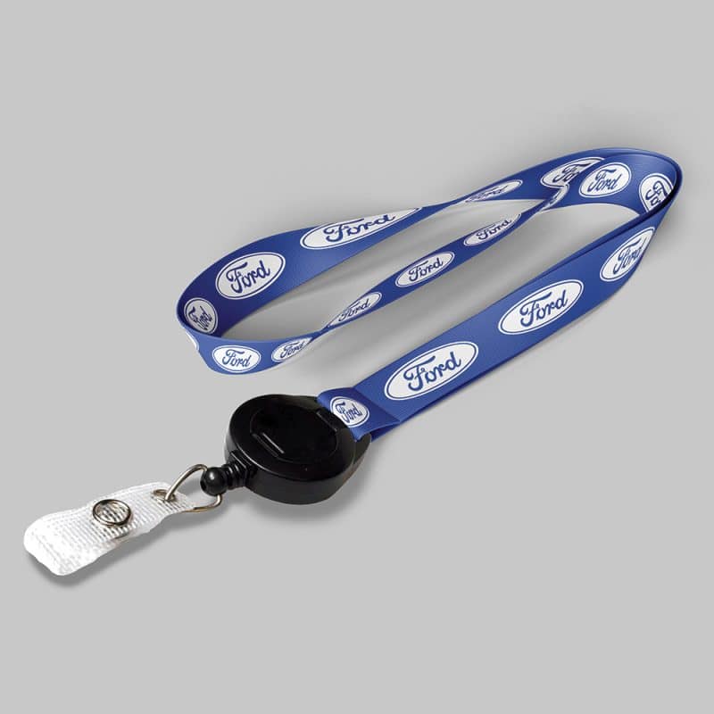 5/8" Blue custom lanyard printed with company logo with Black Badge Reel attachment 0.625"