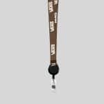 5/8" Brown custom lanyard printed with company logo with Black Badge Reel attachment 0.625" - 1
