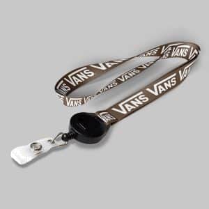 5/8" Brown custom lanyard printed with company logo with Black Badge Reel attachment 0.625"