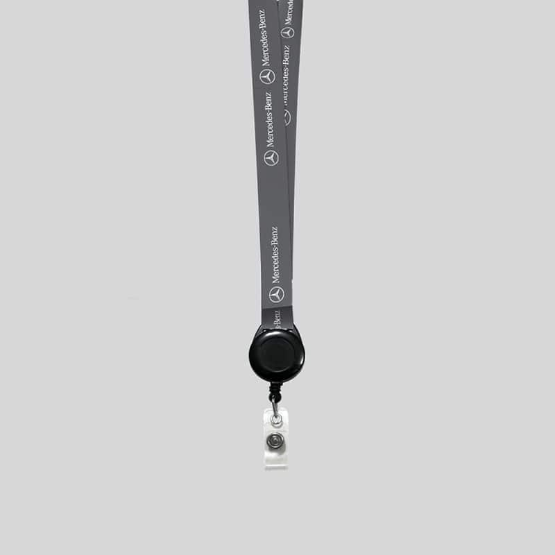 5/8" Charcoal custom lanyard printed with company logo with Black Badge Reel attachment 0.625" - 1