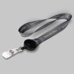 5/8" Charcoal custom lanyard printed with company logo with Black Badge Reel attachment 0.625"