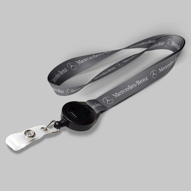 5/8" Charcoal custom lanyard printed with company logo with Black Badge Reel attachment 0.625"