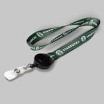 5/8" Dark Green custom lanyard printed with company logo with Black Badge Reel attachment 0.625"