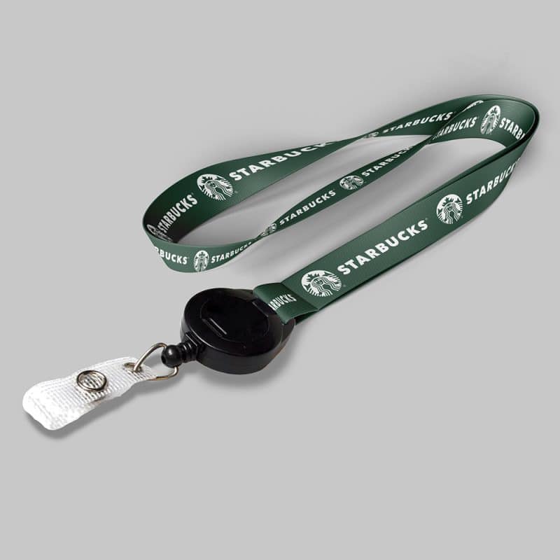 5/8" Dark Green custom lanyard printed with company logo with Black Badge Reel attachment 0.625"