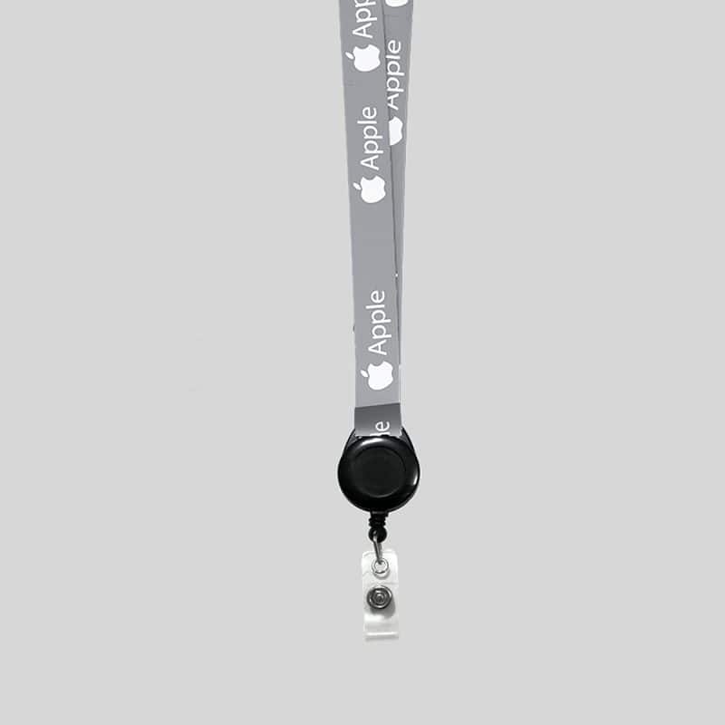 5/8" Gray custom lanyard printed with company logo with Black Badge Reel attachment 0.625" - 1